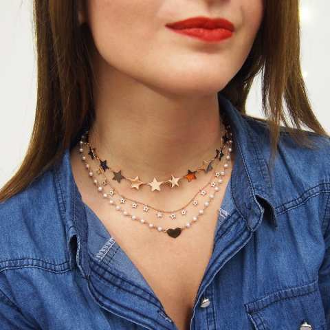 Collana girocollo rosario argento 925 oro rosa perle bianche e cuore