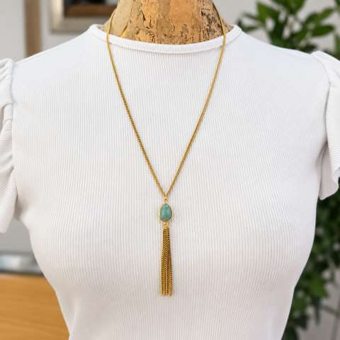 Long Necklace with Natural Amazonite and Gold-Tone Tassel Chains