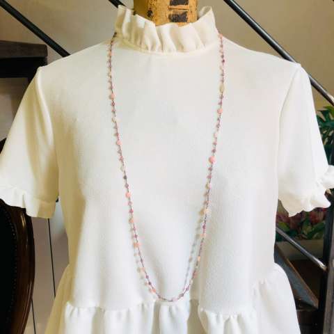 Collana lunga argento 925 brunito Calcedonio rosa