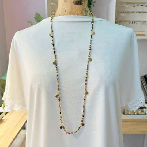 Collana lunga chips Tormalina multicolor e coins