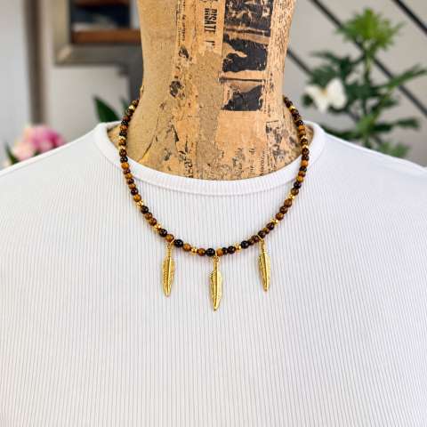 Tiger’s Eye Choker Necklace with Feather Charms | SabrinaBi