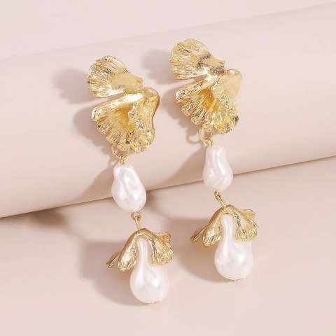 Golden leaf, blossom and Pearl long earrings